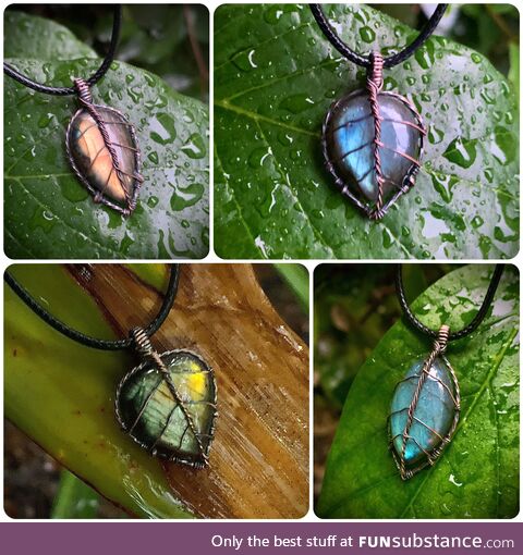 Some leaf necklaces I handmade with copper wire and labradorite gemstones
