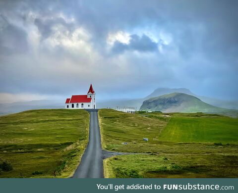 Church in distance in Iceland