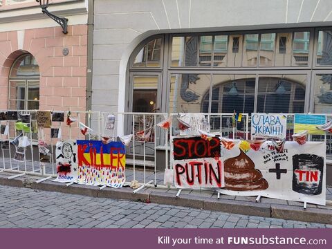 [OC] Bloody underwear hanging up outside the Russian embassy in Tallinn,Estonia