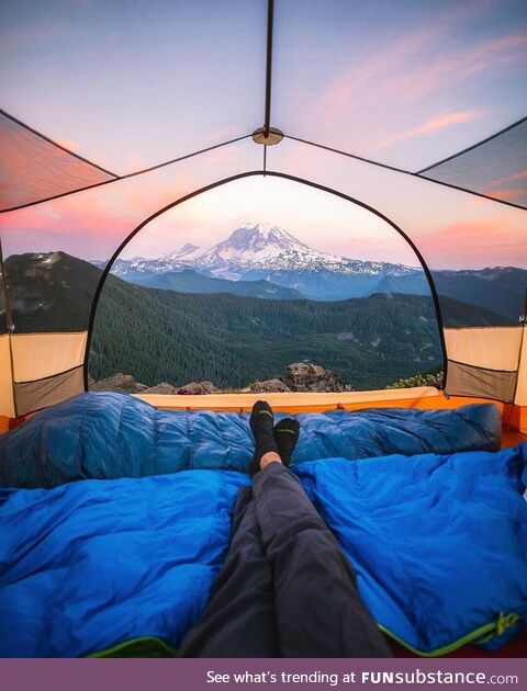 This transparent tent with a sunset view of Mount Rainier