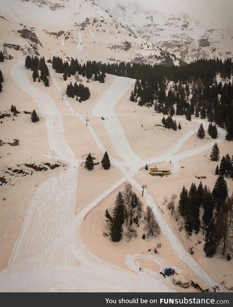 Dust from the African Sahara Desert settling on the Swiss Alps this week. Slopes of San