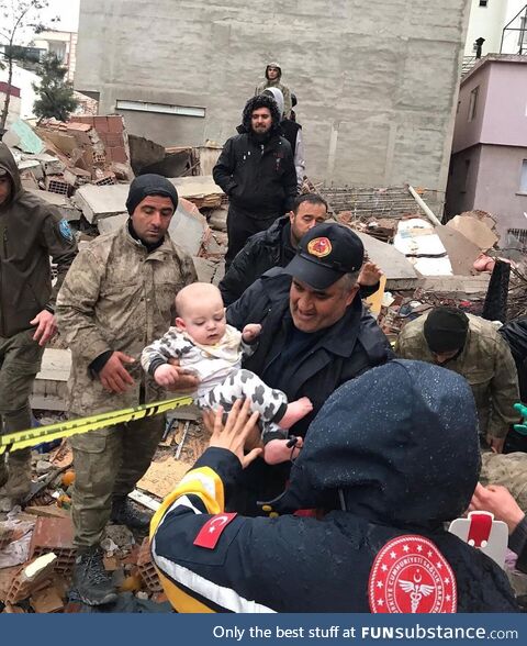 The baby was rescued from the rubble 9 hours later. Kahramanmaras, Turkey, Today