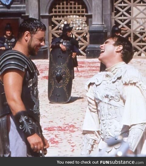 Russell Crowe & Joaquin Phoenix on the set of Gladiator, 1999