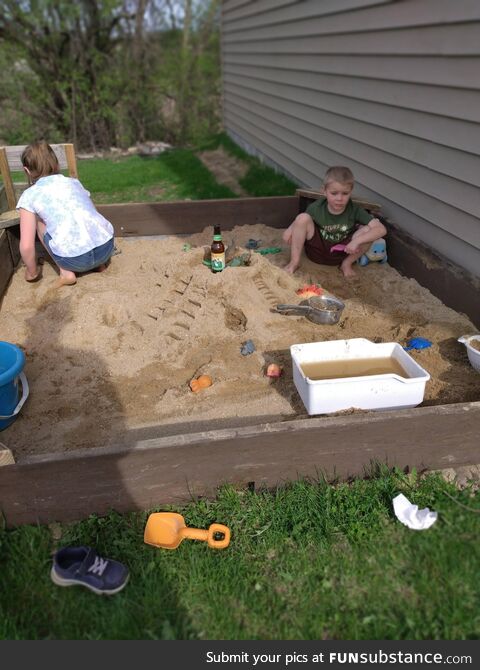 The grandkids using the new sandbox I built for the first time, IDK it's Wisconsin