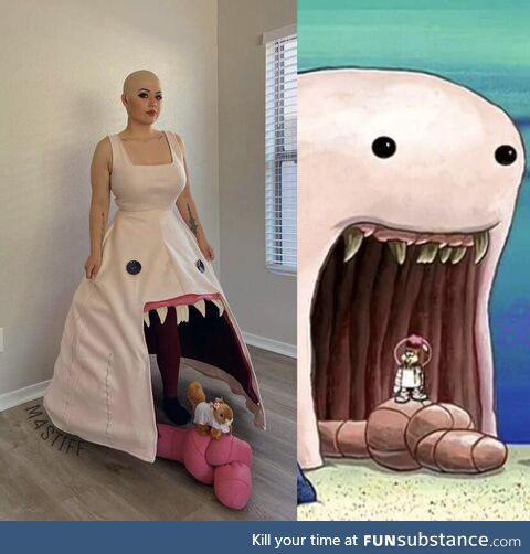 Woman cosplays as the Alaskan Bull Worm from Spongebob Squarepants