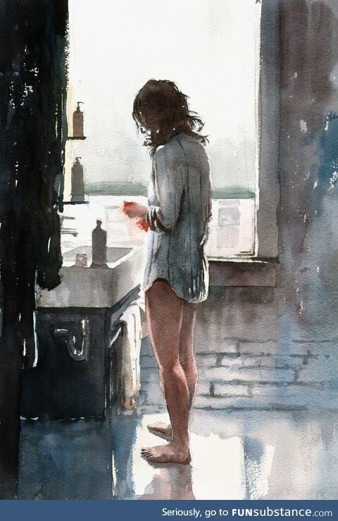 I painted a woman in the bathroom in watercolor