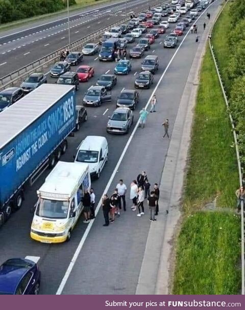 7km long tailback on the motorway in Ireland today, so the ice cream man started selling