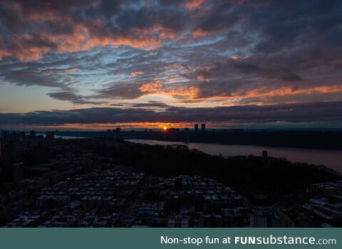 A drone shot of a sunset above my building in NYC