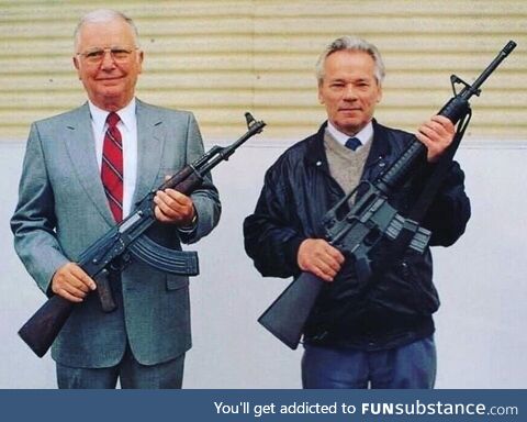 Weapons designers Stoner and Kalashnikov pose with each other's weapons, USA, 1990