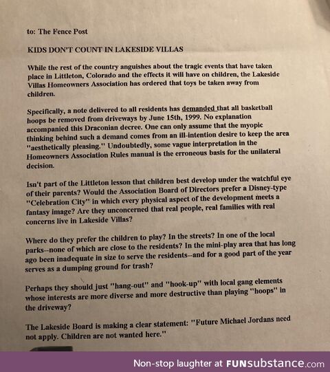 A complaint my FIL wrote in 1999 as a response to their HOA demanding the removal of