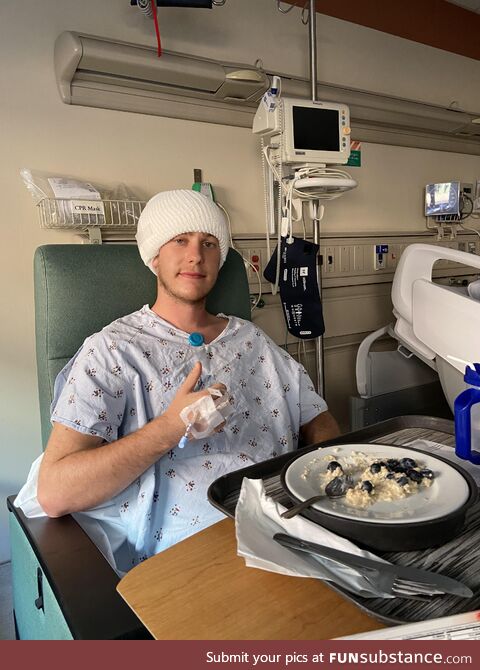 Was just able to stand up and eat for the first time after brain surgery yesterday