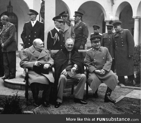 Roosevelt, Churchill, and Stalin meeting at the Yalta Conference in February of 1945