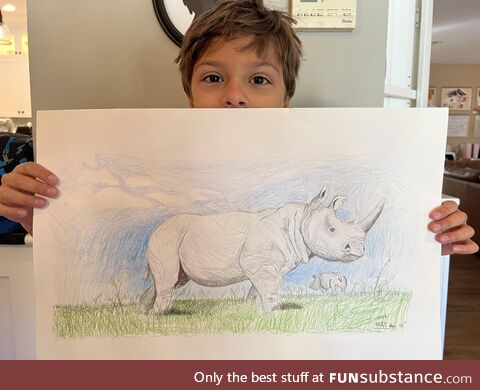 [OC] My son drew this rhino in his summer art class this week