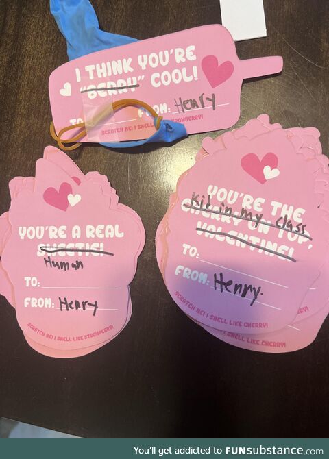 My son didn’t approve of the class Valentines cards I picked so he “fixed” them