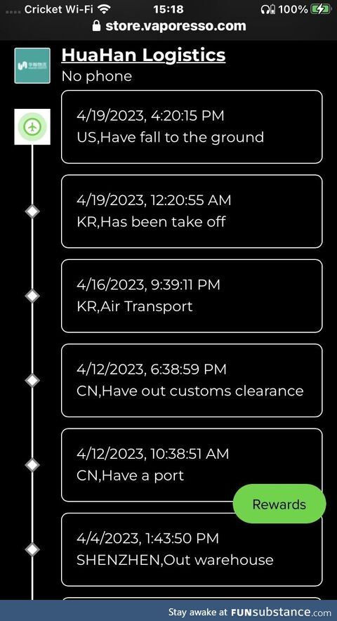 Tracking update I received from a package coming from China. Good thing it isn’t