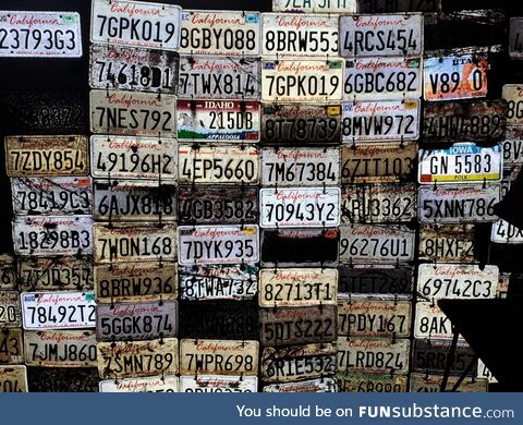 My wall of License Plate collection in the dark with the flash on