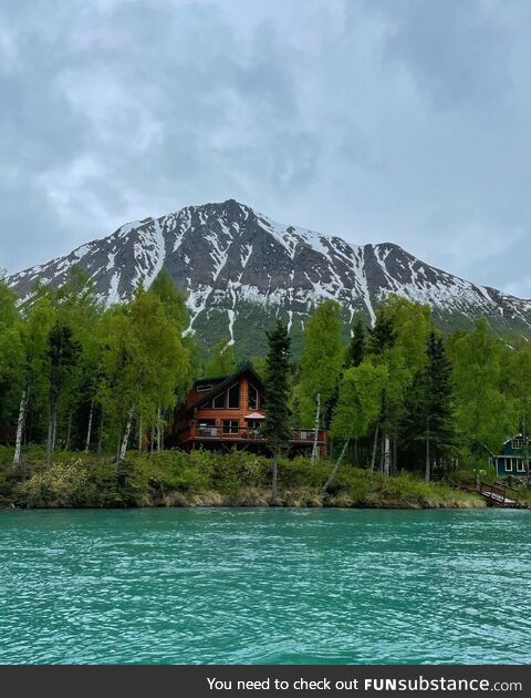 A cabin perched on Kenai Lake, Alaska [OC]