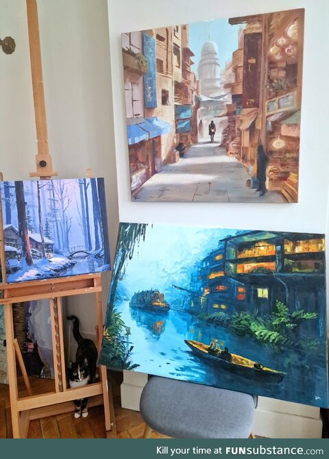 I make concept art, except as oilpaintings! (Cat for scale)