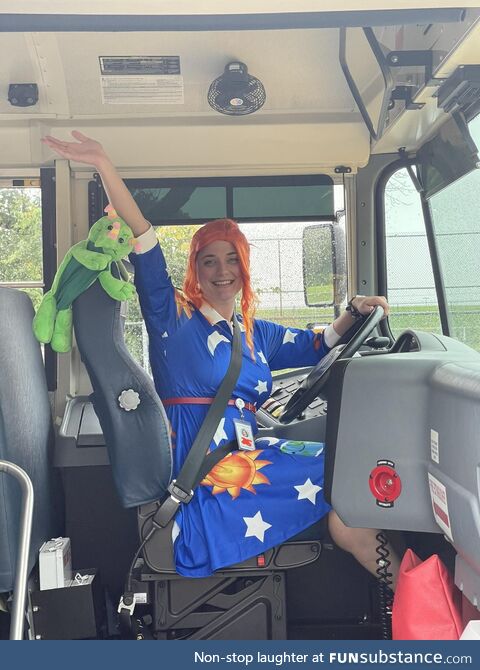 My wife is a school bus driver and dressed up as Ms. Frizzle for Halloween this year