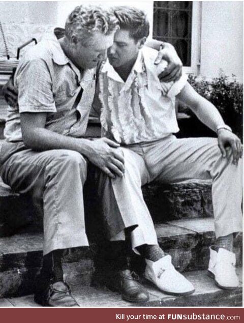 Elvis Presley comforting his father upon the passing of his (Elvis) mother in 1958