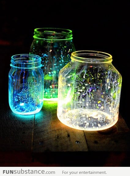 The result of pouring glow stick liquid into jars