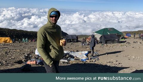 Morning coffee at 15000 feet. Kilimanjaro Pational Park Tanzania