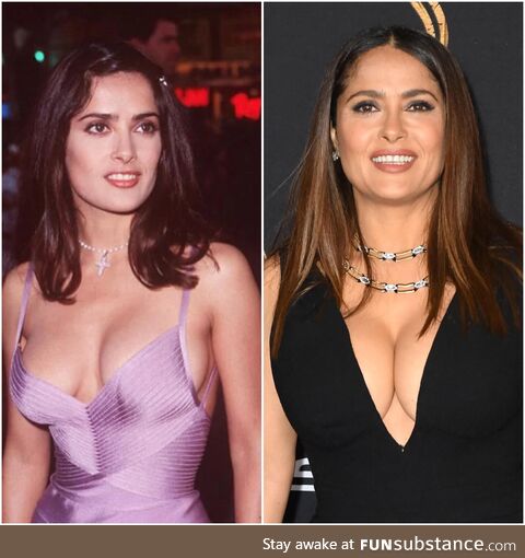 Two pictures of Salma Hayek 25 years apart. Left is from 1996 and right from 2021