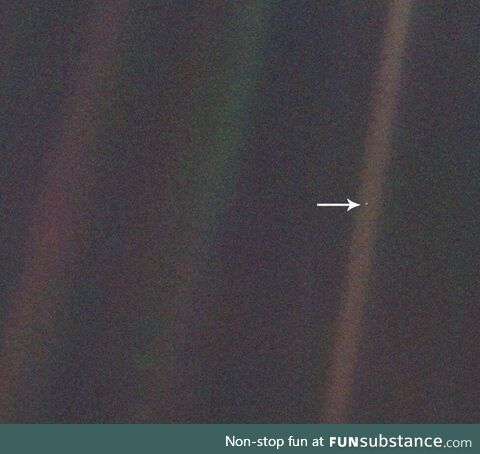 One of the greatest images taken by humanity. That speck is earth. By voyager 1s camera