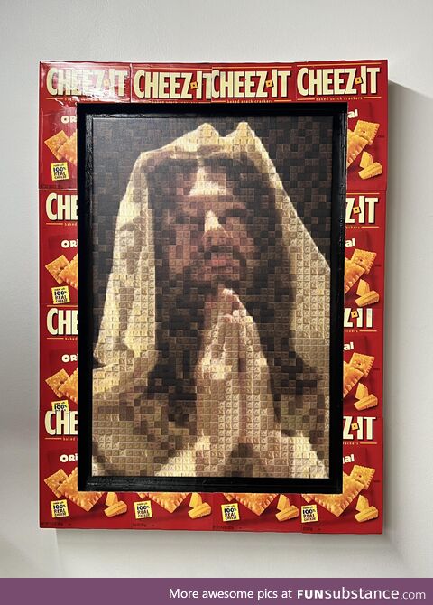 Cheezits christ almighty - religious tapestry made entirely from snack crackers