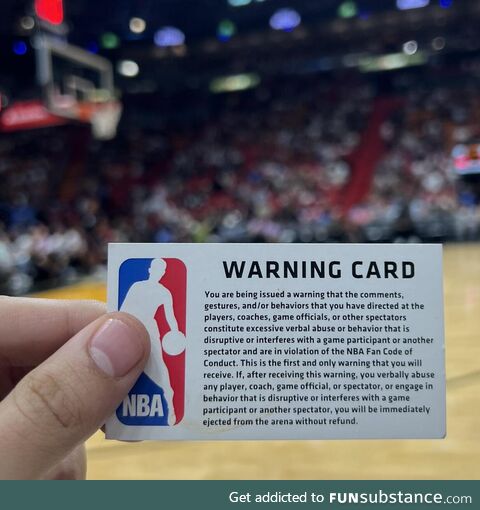 Warning card given to disruptive NBA fans