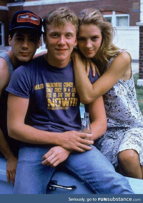 Robert Downey Jr, Anthony Michael Hall and Uma Thurman, 1987