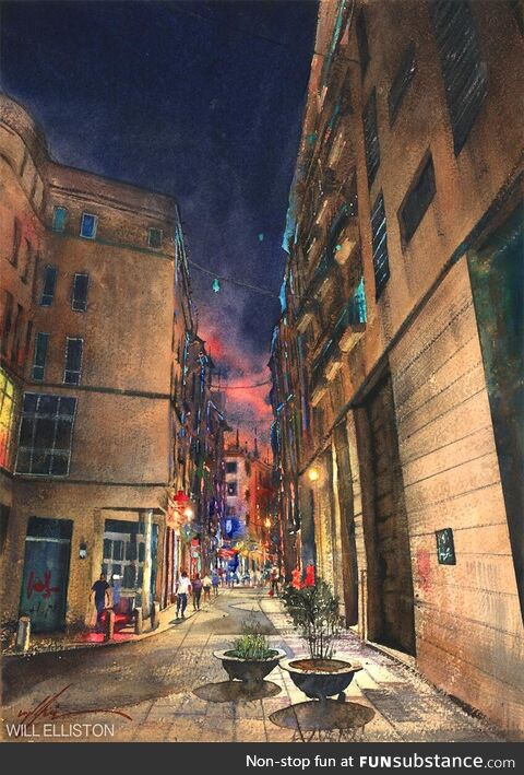 Here's my first attempt at painting a night scene in watercolor, it's of the Raval area,