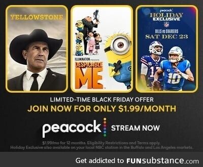 Limited-time Black Friday offer: Get Peacock for $1.99/mo for 12 months or $19.99 for 1