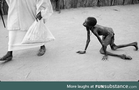 A well-nourished Sudanese man stealing a bag of maize from a starving child by Tom