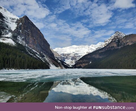 [OC] Lake Louise in Banff, Alberta still frozen in June
