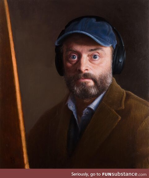 Self portrait with headphones. Oil on panel. 49x43 cm. (2023)