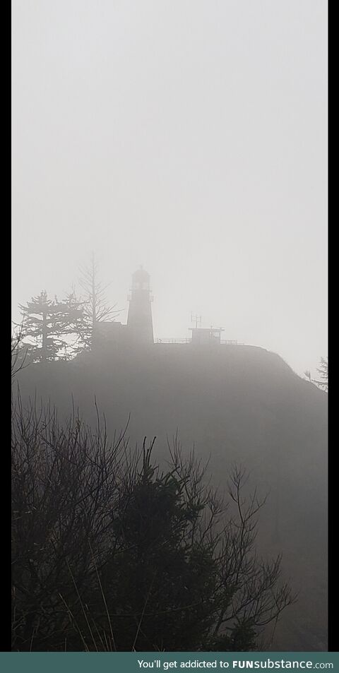 The Cape Disappointment Lighthouse in the morning fog
