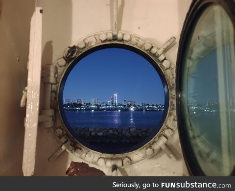 Downtown Long Beach through a hatch onboard the RMS Queen Mary