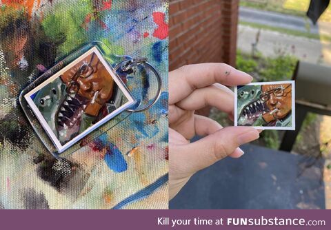 I painted a tiny scene from jaws and put it inside a keychain (OC)
