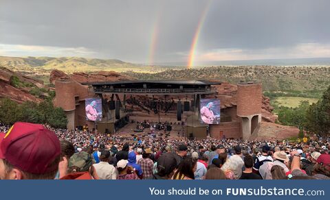 [OC] Double rainbow at Red Rocks CO during the Widespread Panic show