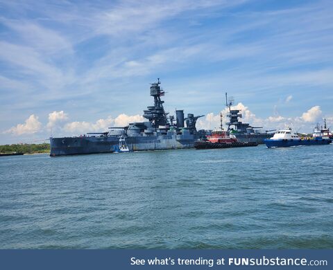 [OC] The 110-year-old dreadnought USS Texas (BB-35) being towed to Galveston, TX for