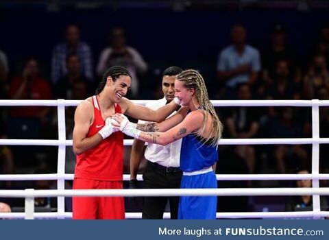 Algerian boxer Imane Khelif shakes hands with her opponent who called her a demon