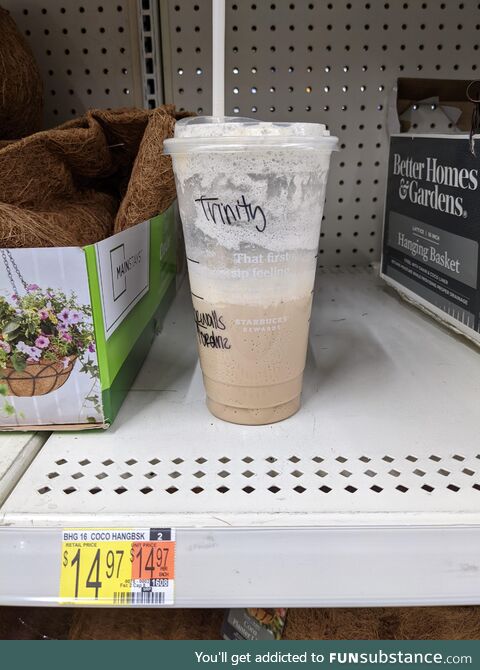 [OC] Meet Trinity, she likes to leave her Starbucks trash on the grocery store shelf