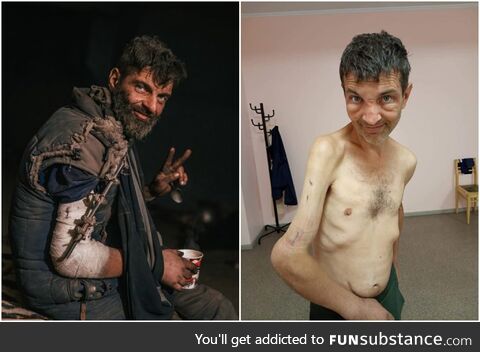 Mykhailo Dianov in the right photo after being released from Russian captivity
