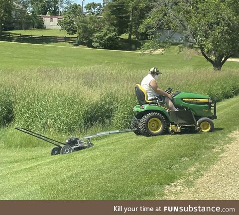 Riding lawnmower’s blade broke so …