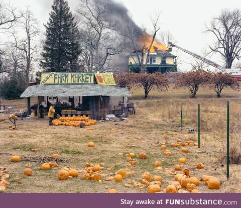 Firefighter purchases a pumpkin on a break from fighting a fire, Joel Sternfeld, Virginia