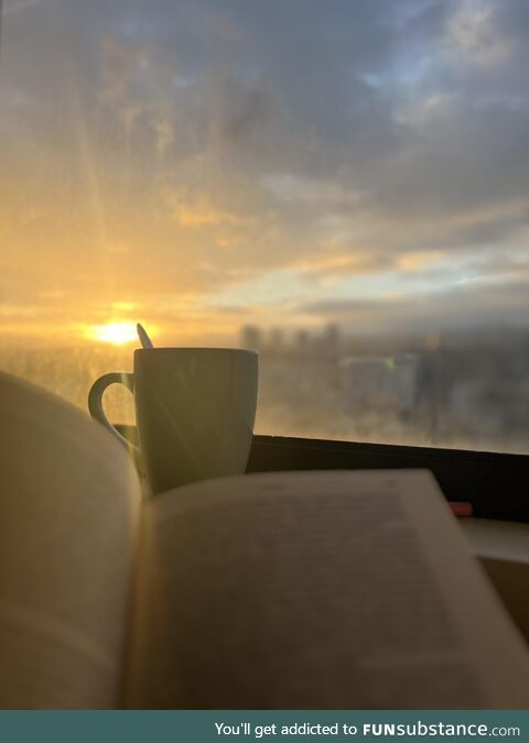 Sunset, book, coffee. Life is beautiful