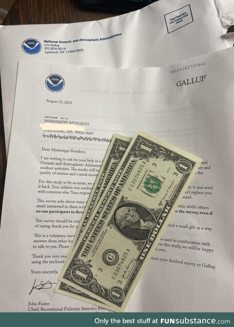 If you receive this survey, there are s 2$ cash inside so don’t throw it away