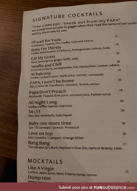 c*cktail menu full of sexual innuendos