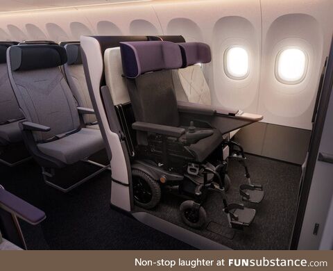 Plane Seat developed where wheelchair users can sit in their own gear